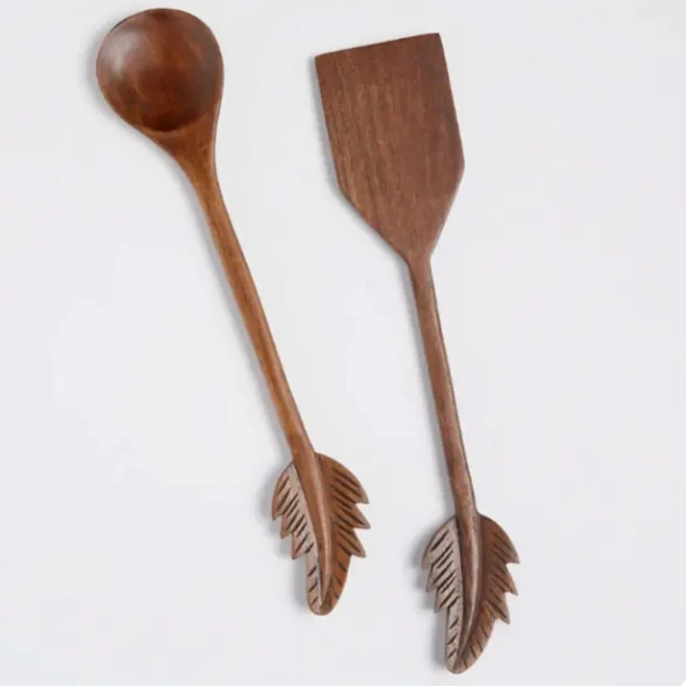 Crate and Barrel Acacia Carved Feather Wood Serving Utensils